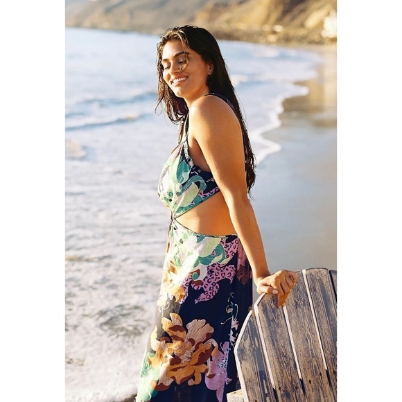 Anthropologie Maeve Cut-Out Maxi Dress Navy Blue Floral Print - Picture 10 of 14